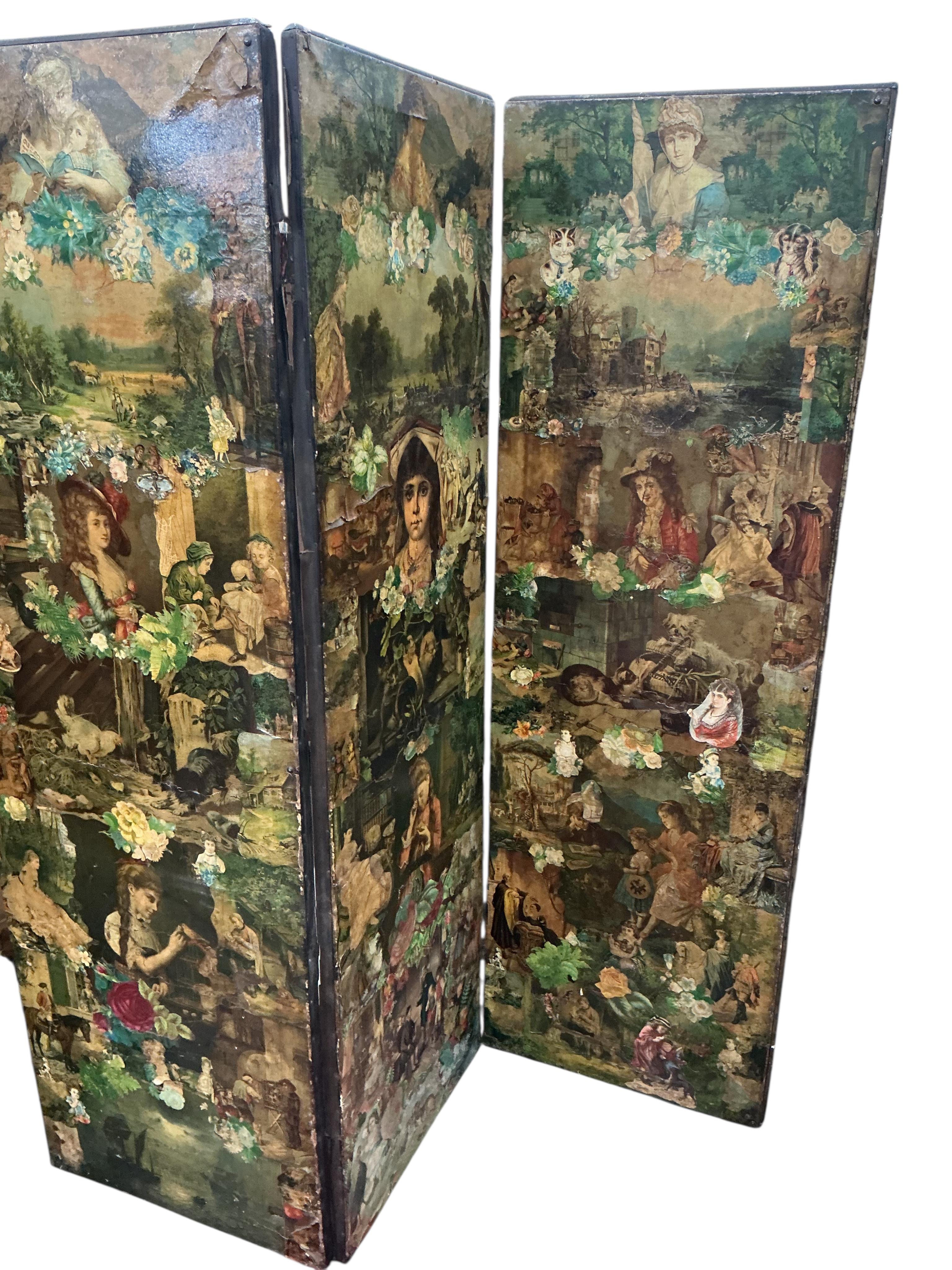 A Victorian four fold scrap screen, each panel width 54cm, height 169cm